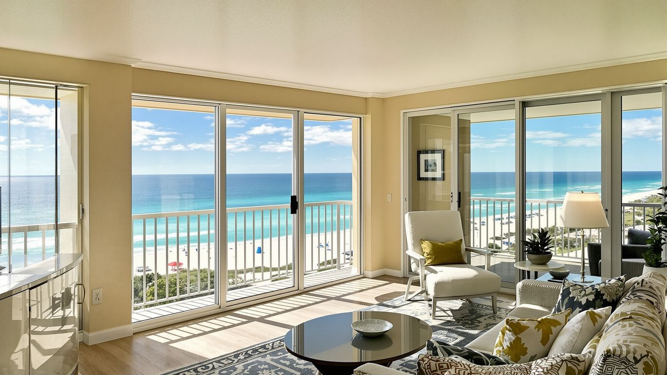 Oceanfront condo with balcony overlooking turquoise water and beach.
