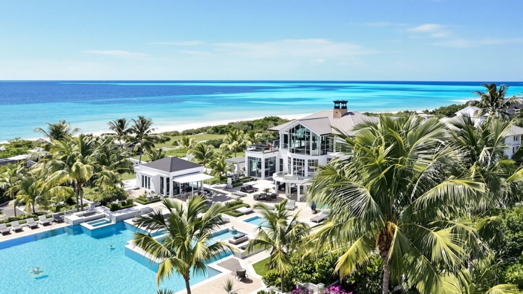 Luxurious waterfront mansion with ocean view and palm trees.